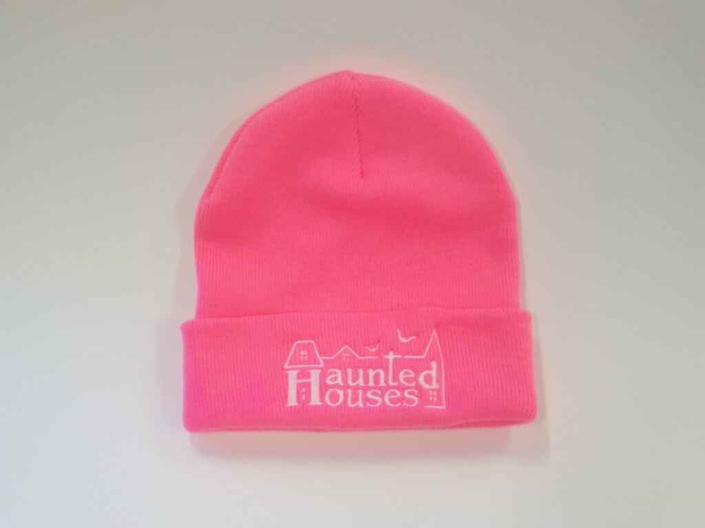 haunted houses neon pink beanie hat, haunted houses events ghost hunt merchandise 2022